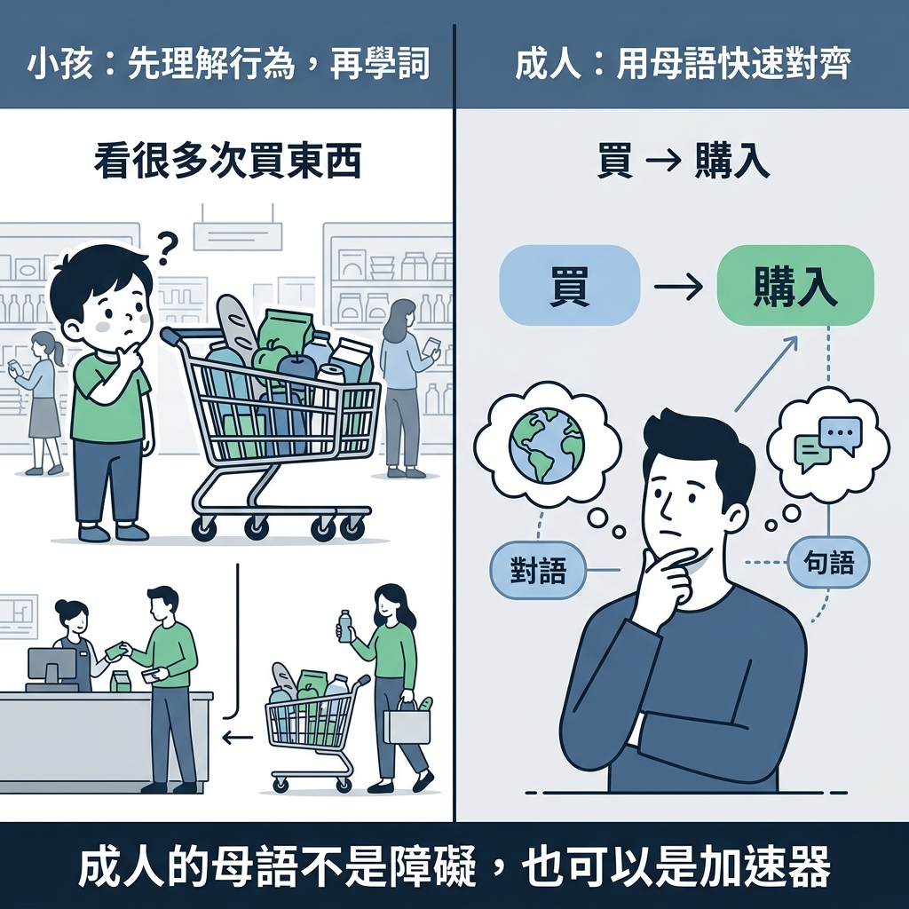 小孩透過行為慢慢理解詞語,成人用已知母語概念快速對齊日語詞語的比較示意圖。