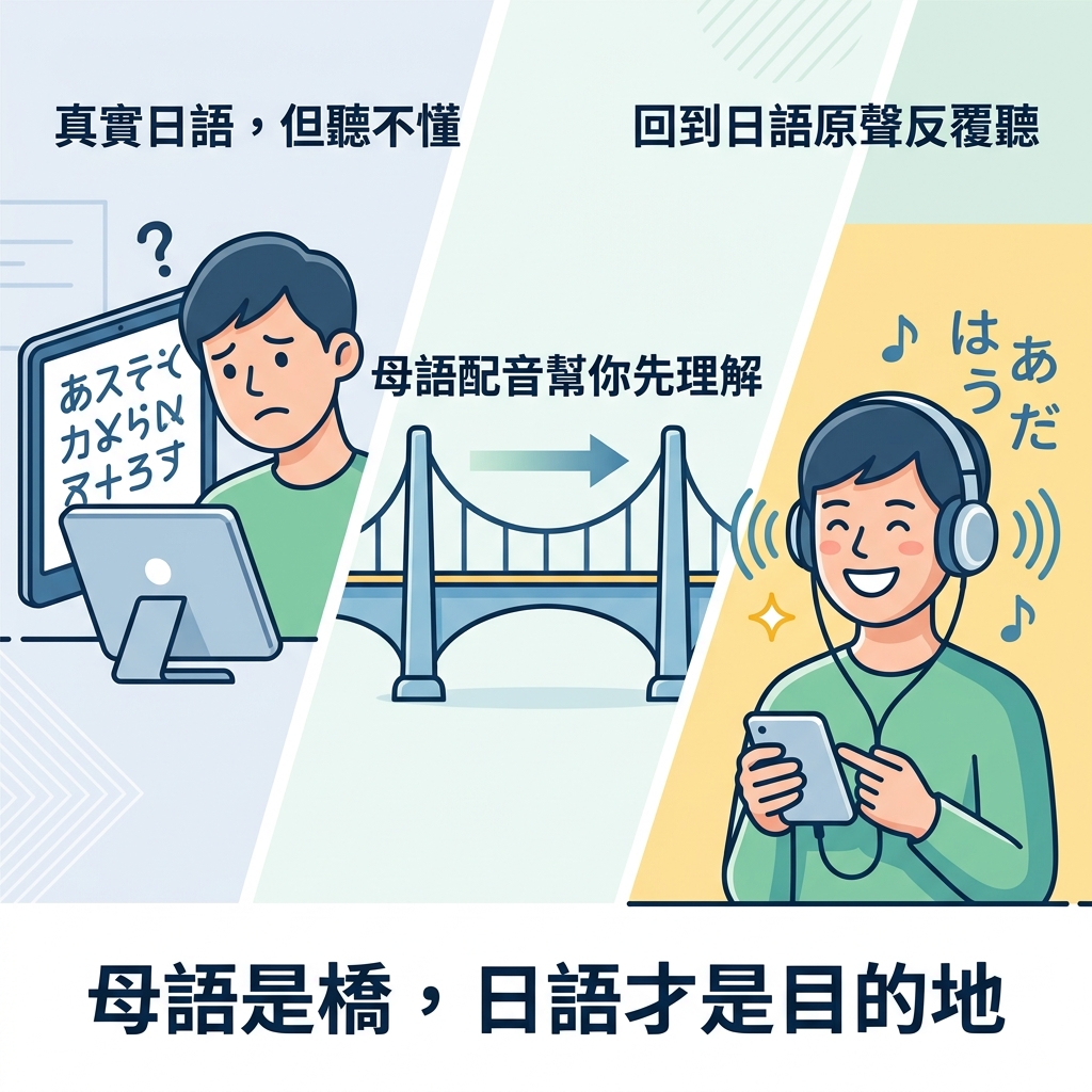 母語配音先幫助理解新聞,再引導使用者回到日語原聲反覆聽的示意圖。