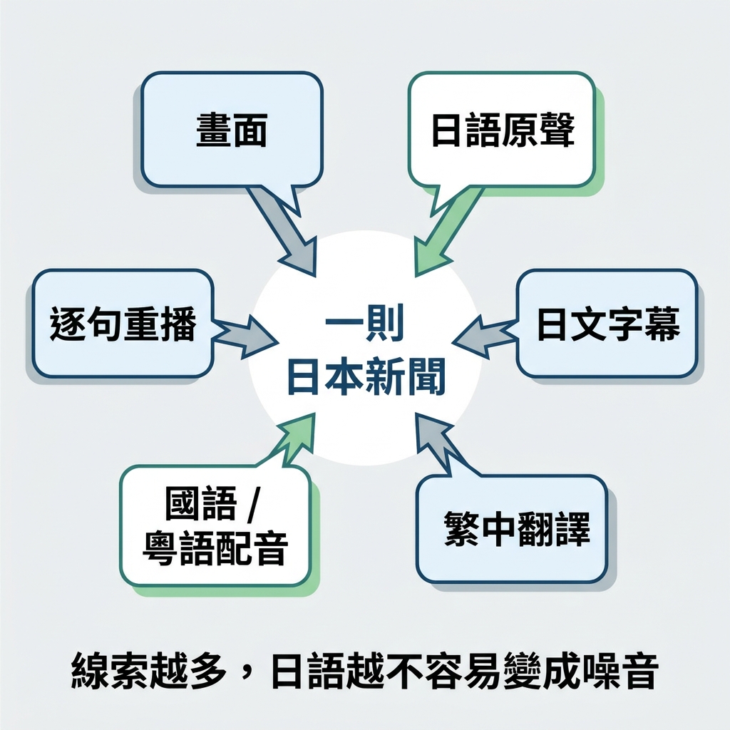 日本新聞畫面、日語原聲、字幕、翻譯、母語配音和逐句重播共同形成情境線索的示意圖。