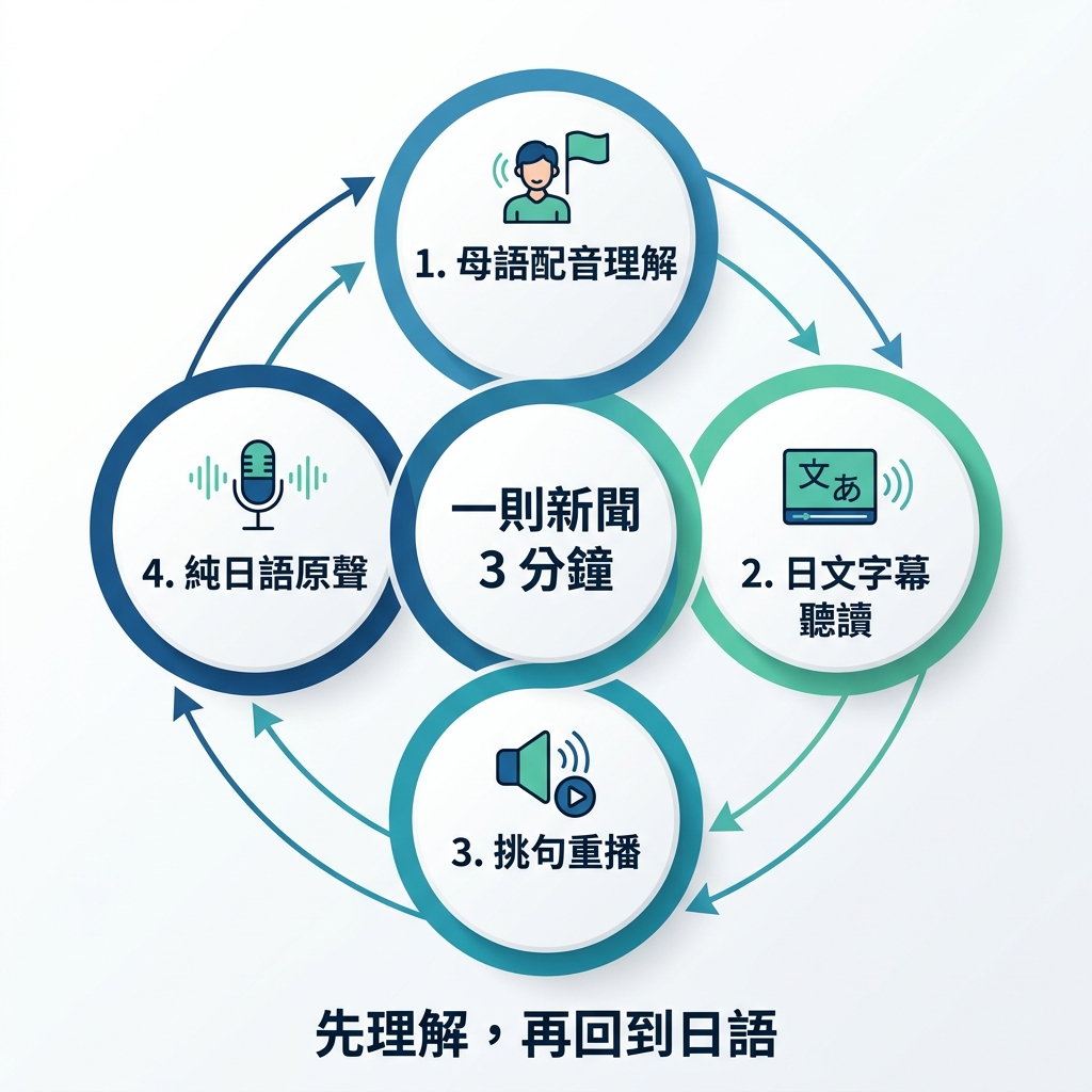 一則新聞 3 分鐘,先理解再回到日語的學習循環圖。